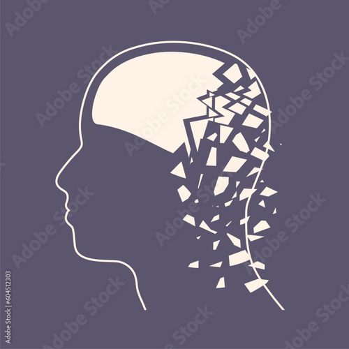 Dementia, memory loss, amnesia concept. Brain damage, cognitive disfunction. Alzheimers disease. Illustration of a human head profile with brain broken into pieces. Mental, psychological illness