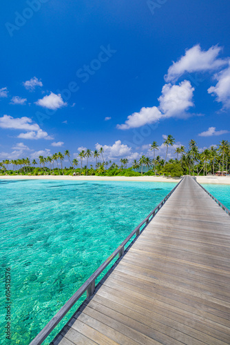 Luxury travel landscape. Water villas  wooden pier bridge leads to palm trees over white sandy shore close to blue sea  seascape. Summer panoramic vacation  beach resort on tropical island paradise