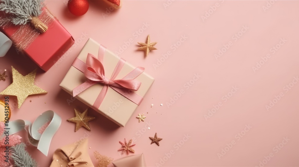 Gift box flat top view. Christmas and New Year surprise gift box. generative ai Gift box flat top view. Christmas and New Year surprise gift box. generative ai