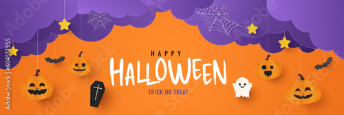 Happy halloween banner. Halloween pumpkin with bat and coffin on orange background. Vector illustration