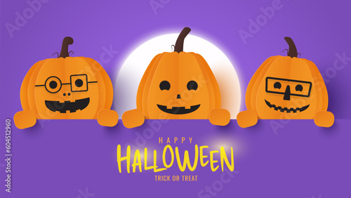 Happy halloween banner. Halloween pumpkin on purple background. Vector illustration