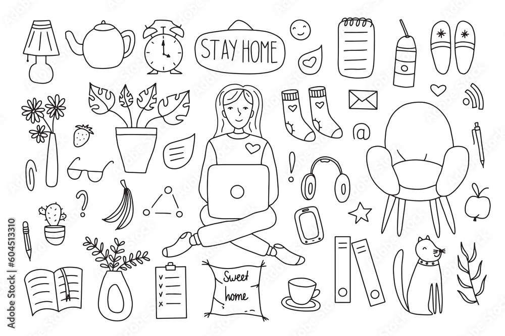 Cute vector hand drawn doodle set about coronavirus, Covid-19, Stay Home, work in home. Pandemic protection. Quarantine positive doodle icons, home elements. Isolated on white background. Cute vector hand drawn doodle set about coronavirus, Covid-19, Stay Home, work in home. Pandemic protection. Quarantine positive doodle icons, home elements. Isolated on white background.