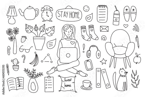 Cute vector hand drawn doodle set about coronavirus, Covid-19, Stay Home, work in home. Pandemic protection. Quarantine positive doodle icons, home elements. Isolated on white background.