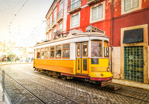 tram on narrow street of Alfama, Lisbon