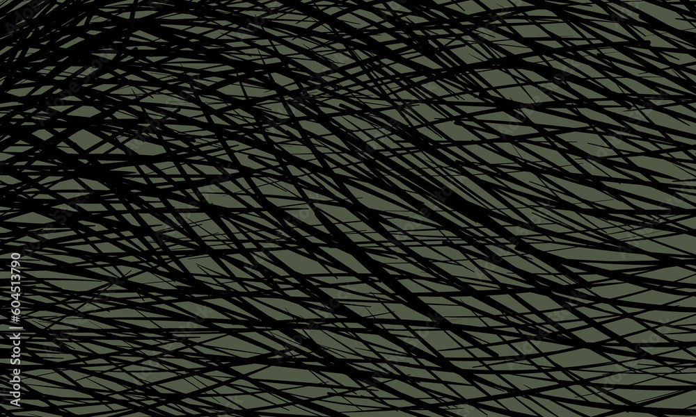 Complex abstract pattern of black lines on a green khaki background. Composition in the form of an arbitrary two-color background. Vector illustration, EPS 10.