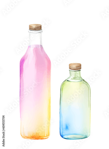 watercolor Glass bottle colorful pink and rainbow glass. Kids print for design.