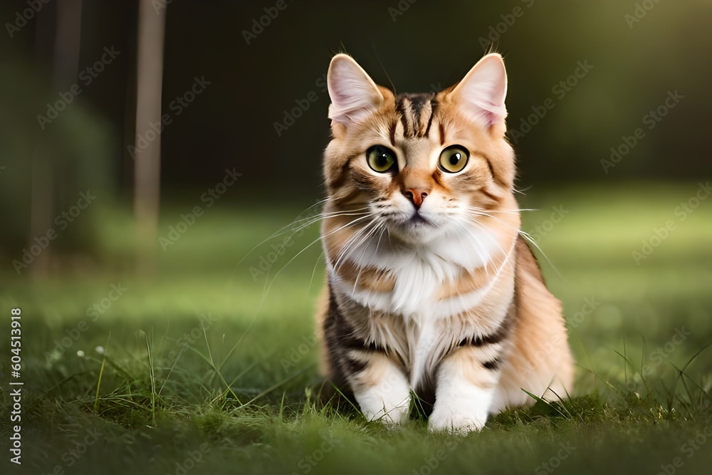 AI generated American Bobtail Cat looking inquisitively lying on the grass patch.