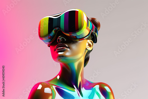 chrome colorful woman wearing a virtual reality headset