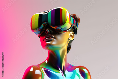 chrome colorful woman wearing a virtual reality headset photo