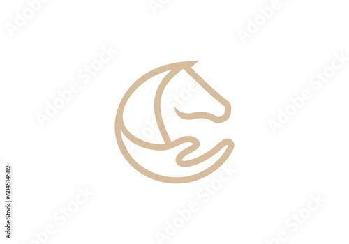 horse with hand logo design. linear style simple creative icon vector illustration.