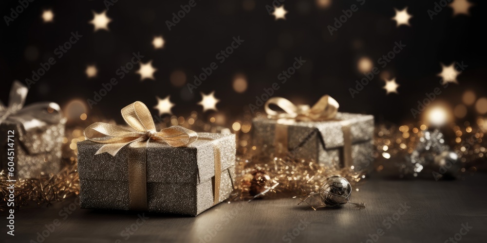 Beautiful Christmas gift boxes. Christmas and New Year surprise gift box. night bright shiny lights blurred golden bokeh. generative ai Beautiful Christmas gift boxes. Christmas and New Year surprise gift box. night bright shiny lights blurred golden bokeh. generative ai