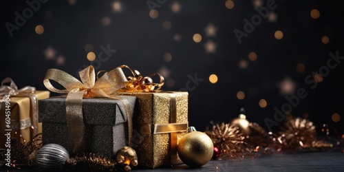 Beautiful Christmas gift boxes. Christmas and New Year surprise gift box. night bright shiny lights blurred golden bokeh. generative ai © megavectors
