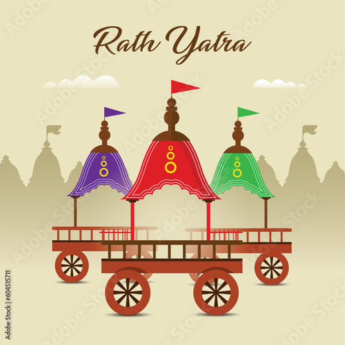 illustration of Lord Jagannath, Balabhadra and Subhadra on annual Rathayatra in Odisha festival background