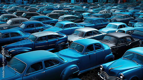 Cars in junkyard, pressed and packed for recycling. Generative AI