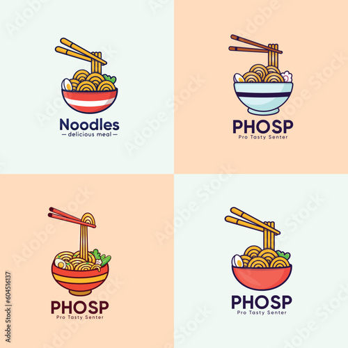 A logo For Phos Phos Phos And Pho Noodles Vector Illustrations Logo Big Collection. Foods Design And Cook Labels Vector Set. Premium Elements With Spoon And Chopstick Vector.