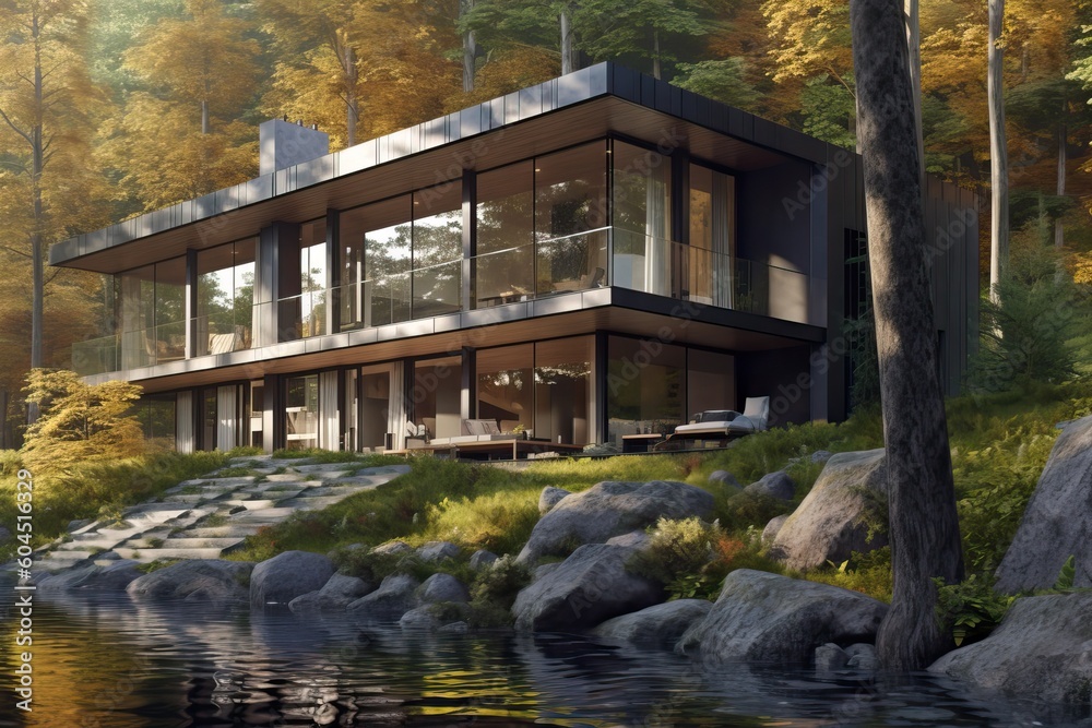 Modern house with pool in a natural environment, generative ai
