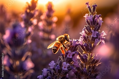 Beautiful scene with a bee pollinizing a flower with a golden light, generative ai