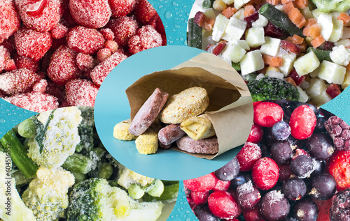 Fototapeta Naklejka Na Ścianę i Meble -  Collage of photos of frozen foods in close-up on a light background