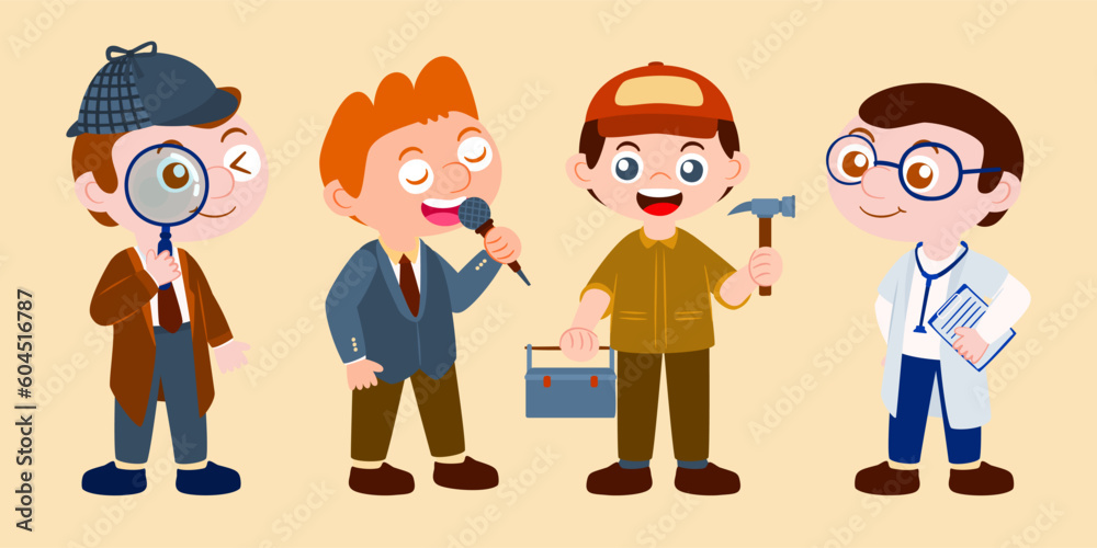 Set of man wear career uniform detective, singer, repairman, carpenter, doctor. Graphic resource for graphic designer Set of man wear career uniform detective, singer, repairman, carpenter, doctor. Graphic resource for graphic designer