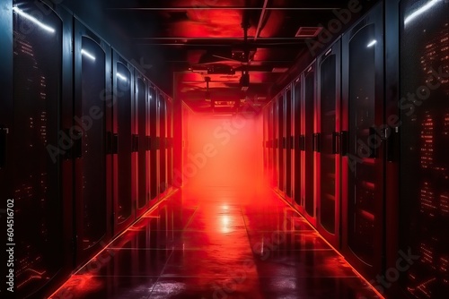 Overheated data center with smoke and red lights, generative ai © FrankBoston