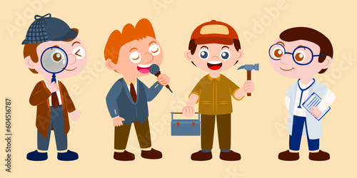 Set of man wear career uniform detective, singer, repairman, carpenter, doctor. Graphic resource for graphic designer