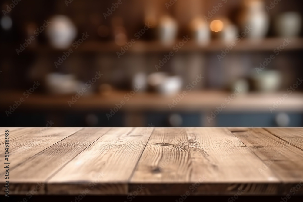 Empty wood table in front in kitchen room blurred background concept image for product Generative AI	