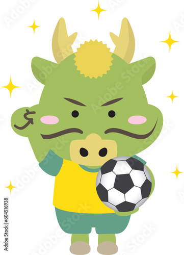 サッカーをプレーする辰年のかわいい龍のイラスト