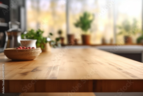 Empty wood table in front in kitchen room blurred background concept image for product Generative AI 
