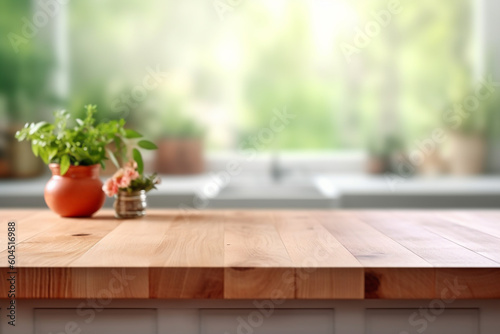 Empty wood table in front in kitchen room blurred background concept image for product Generative AI 