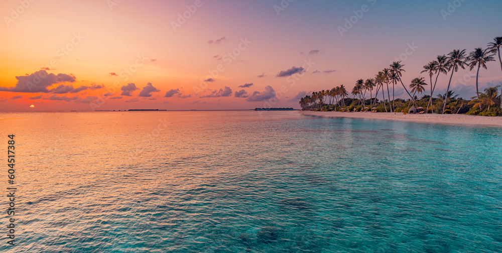 Beautiful panoramic sunset sea sky tropical paradise beach. Tranquil summer vacation travel landscape. Peaceful seaside palm calm panorama. Exotic nature view inspire seascape. Best Maldives wallpaper - obrazy, fototapety, plakaty 