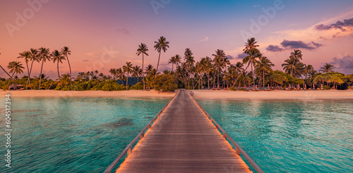 Amazing sunset panorama at Maldives. Luxury resort bridge pier with soft led lights under colorful sky clouds. Beautiful palm trees. Tranquil panoramic beach coast. Best vacation travel landscape