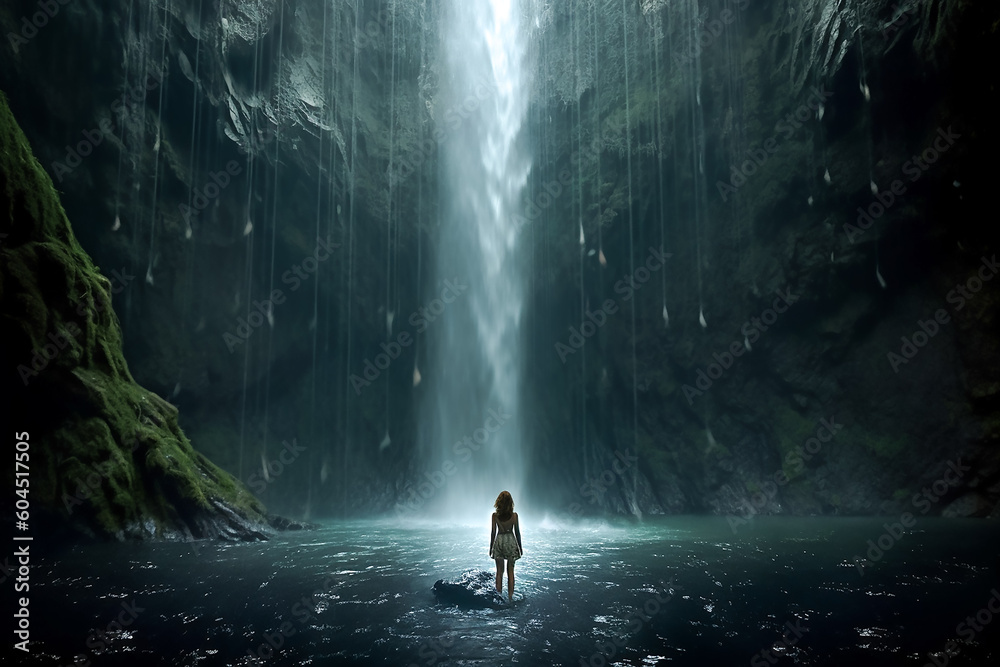 Frau vor einem Wasserfall KI Frau vor einem Wasserfall KI
