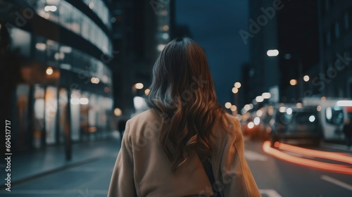 A modern woman turn back and walk away in modern city. Generative AI © Fly Frames
