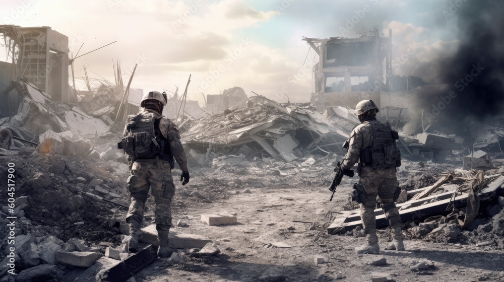 Military special forces with guns walking among ruins. Generative AI Military special forces with guns walking among ruins. Generative AI