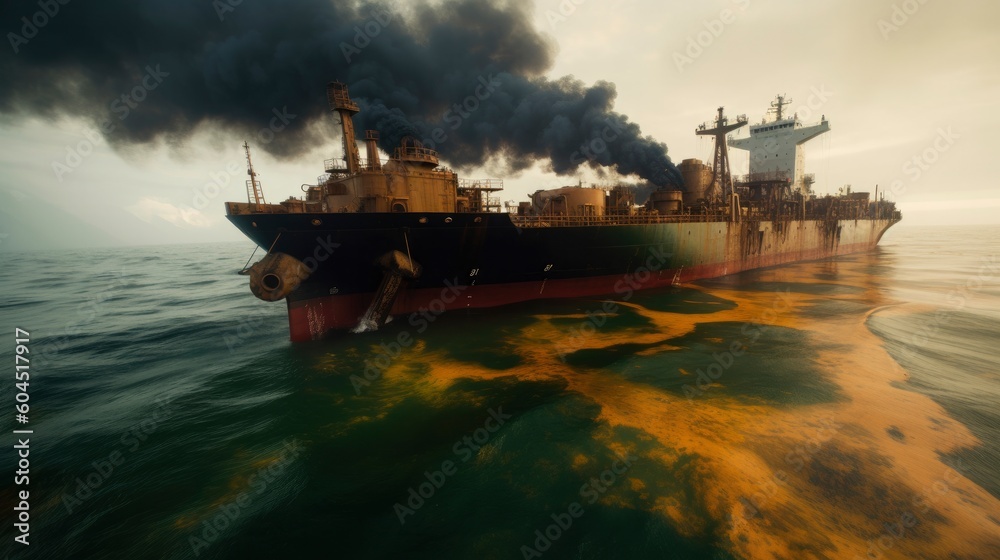 Ship burning and oil leak from ship. Generative AI - obrazy, fototapety, plakaty 