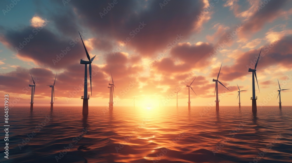 Obraz premium Offshore Windmill farm in the ocean. Generative AI