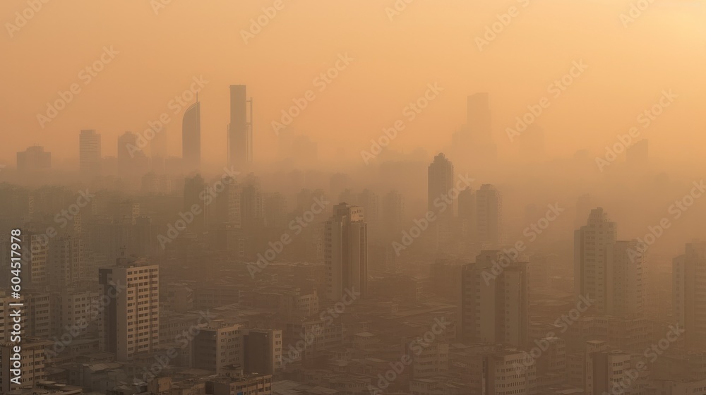 Smog and fine dust of pm 2.5 covered city. Generative AI