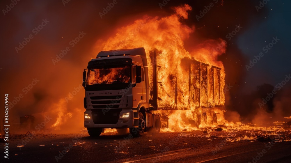 A semi-truck burns out of control on the highway. Generative AI A semi-truck burns out of control on the highway. Generative AI