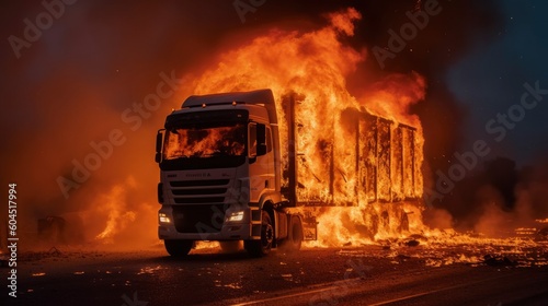 A semi-truck burns out of control on the highway. Generative AI