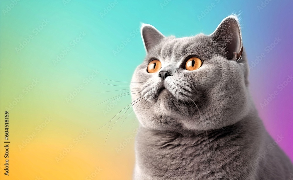 Charming British Shorthair Cat against a bright pastel background. Generative AI.