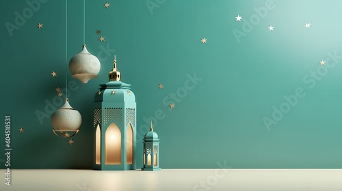 Islamic decoration background with crescent moon mosque, lantern cartoon style, ramadan kareem, mawlid, iftar, isra miraj, eid al fitr adha, muharram, copy space text area, generative ai photo