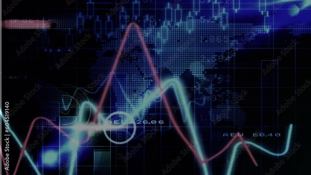 Animation of statistical and stock market data processing over world map against black background Animation of statistical and stock market data processing over world map against black background