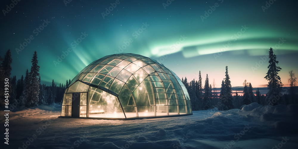 Fototapeta premium Glas Igloo mit Nordlichtern KI
