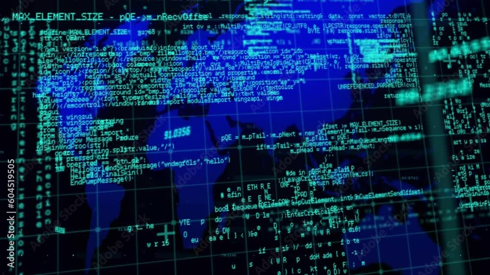 Animation of data processing over grid network against world map on black background Animation of data processing over grid network against world map on black background