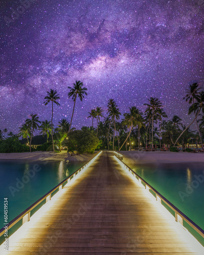 Fototapeta Naklejka Na Ścianę i Meble -  Luxury resort pier bridge with lights, sea ocean shore and beach at night sunset time, dreamy sky Milky Way over palm trees. Exotic adventure carefree travel vacation, summer landscape. Fantasy nature