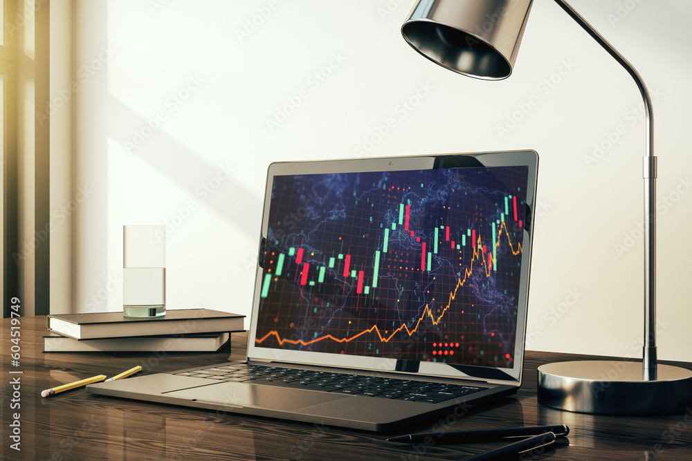 Modern computer display with abstract financial graph with world map, financial and trading concept. 3D Rendering - obrazy, fototapety, plakaty 