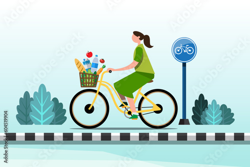 A housewife rides a bicycle to buy groceries from the department store to cook for the family to eat. Flat vector illustration design