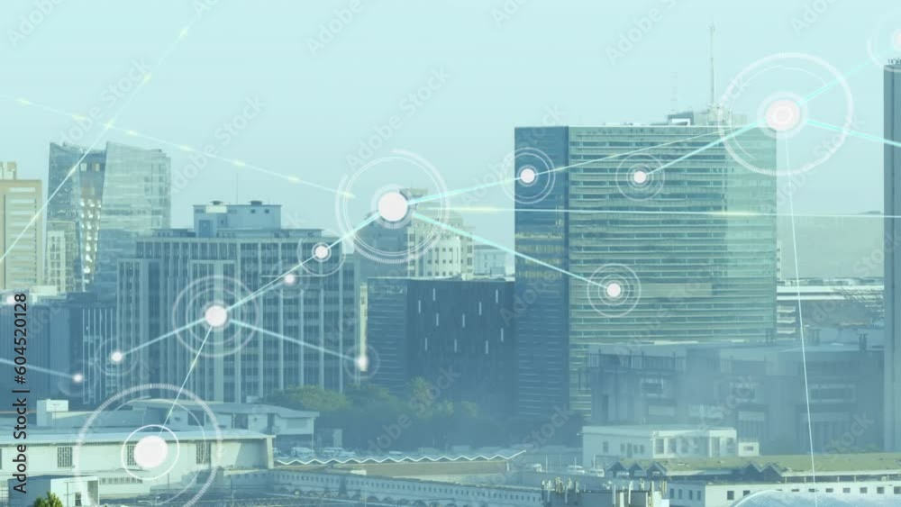 Animation of network of connetions against aerial view of cityscape