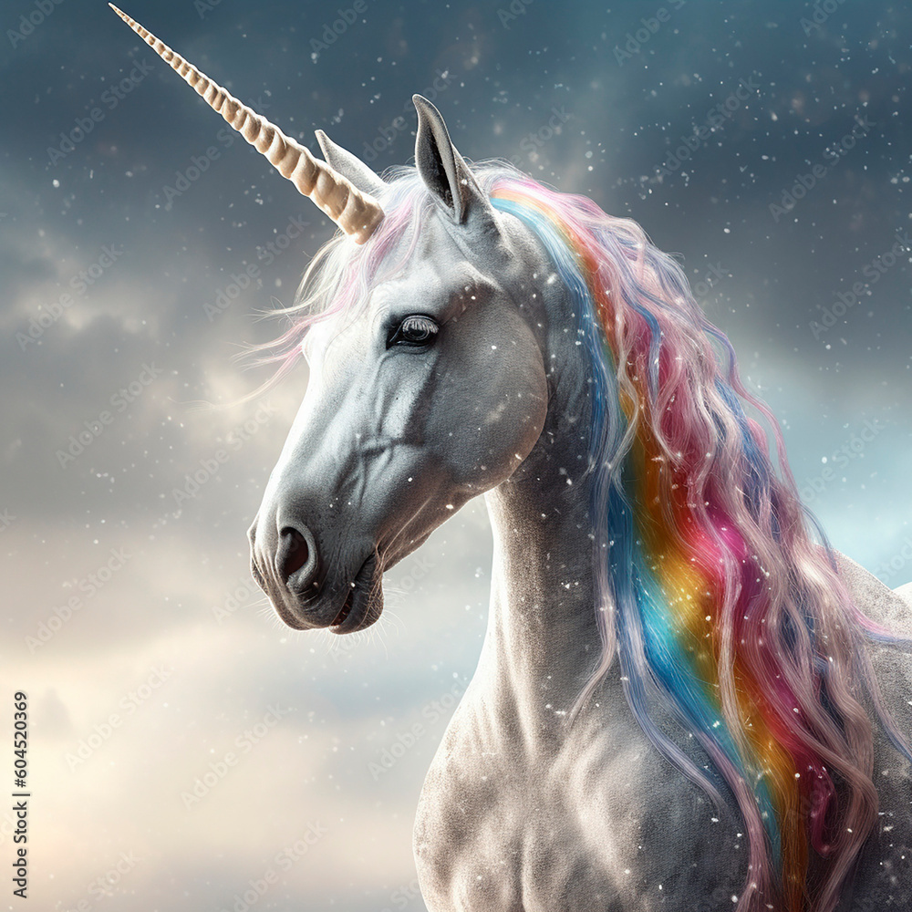 unicorn with colored mane white color snow created with Generative Ai technology