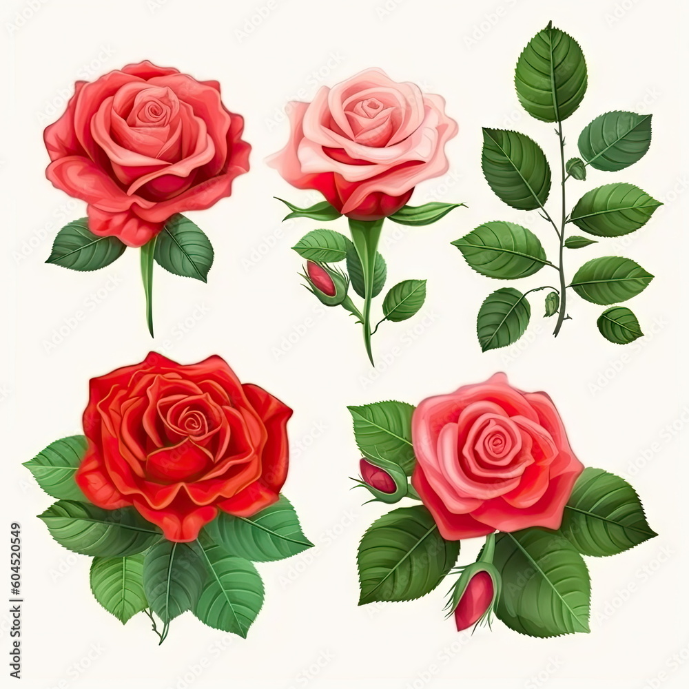 Set of rose with leaves on white background Set of rose with leaves on white background